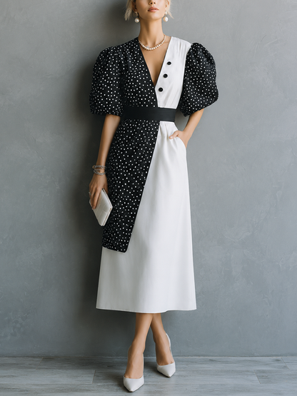 Women's Retro French Style Black White Cotton Blend Color Block V-Neck Puff Short Sleeve Waistband Midi Dress MDZ0334G2GMJ