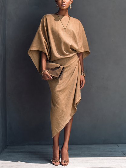 Women's Modern Minimalist Khaki Linen Blend Draped Asymmetric Short Sleeve Midi Dress MDZ0344G8GMJ