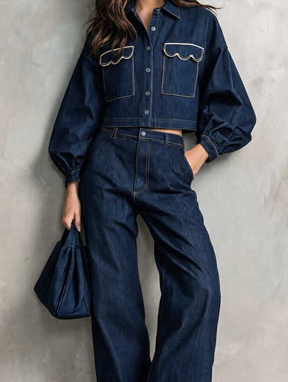 Women's Casual Dark Blue Long-sleeved Jacket Featuring Intricate Embroidery And A Faux-denim Look, Paired With Trousers MDZ0621G2LXY