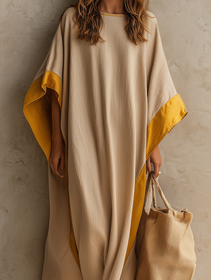 Women's Casual Khaki Cotton-linen Maxi Dress With A Round Neck And Batwing Sleeves MDZ0647G5LXY