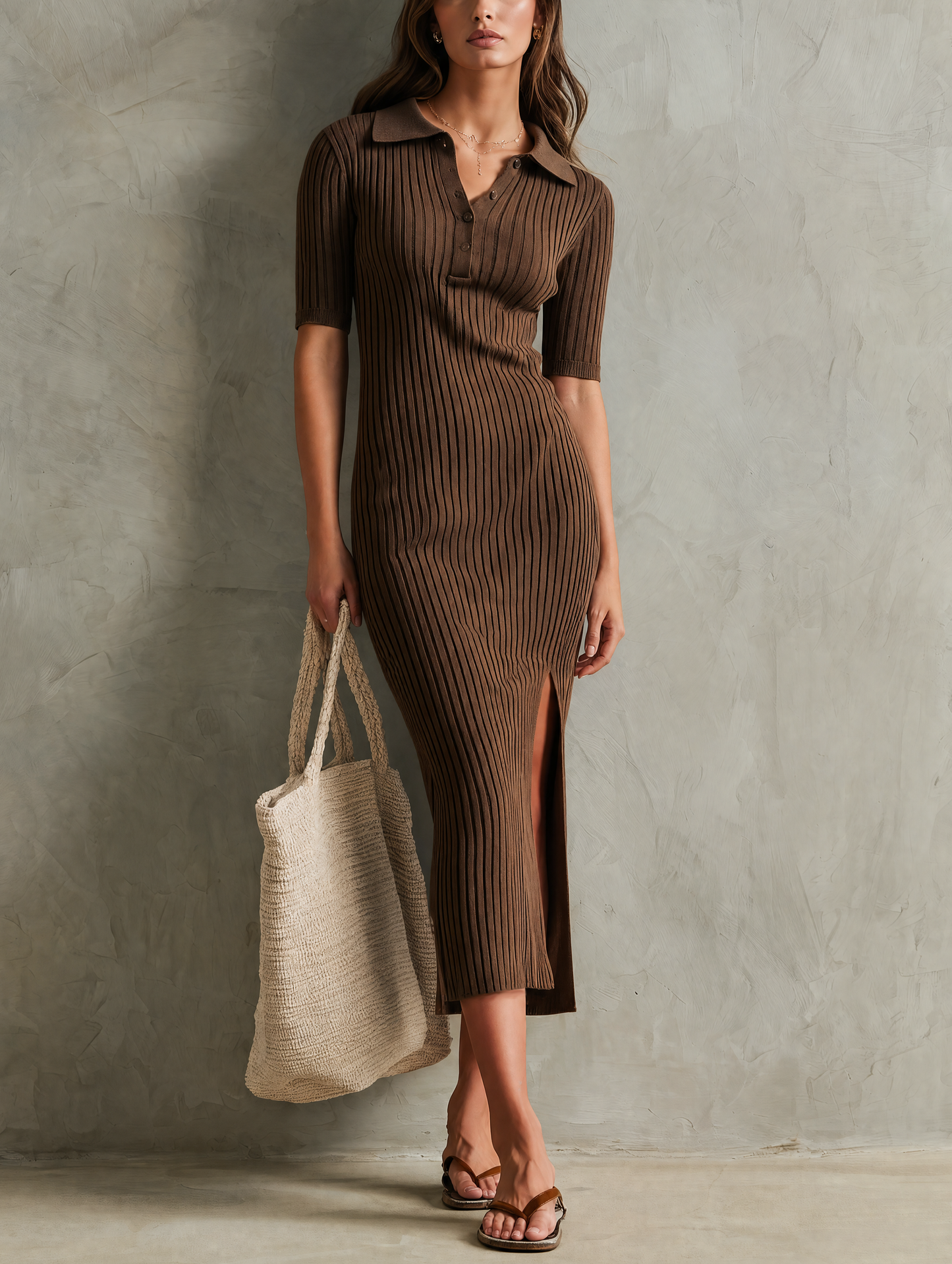 Women's Casual Brown Stretch-knit Midi Dress With Mid-length Sleeves MDZ0607G6LXY