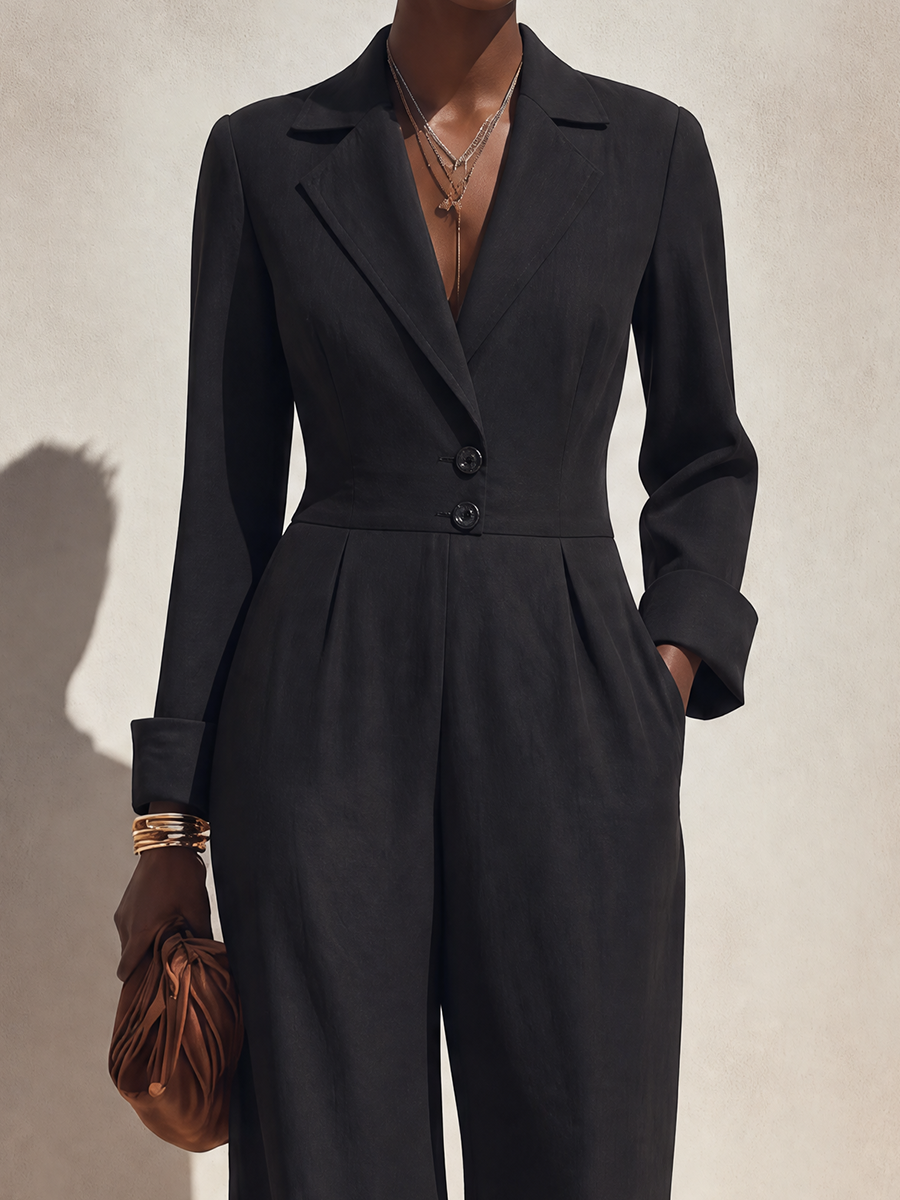 Women's Minimalist Long-Sleeve Wide-Leg Jumpsuit With Notch Lapel And Lace-Trimmed Hems MDZ0665G7ZRK