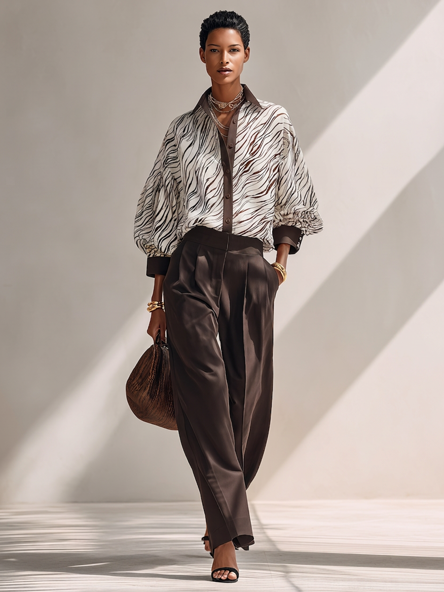 Women's Minimalist Lightweight Zebra-Print Long-Sleeve Shirt & Solid Brown Wide-Leg Trousers Two-Piece Set MDZ0696G1ZRK