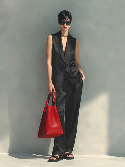 Women's Elegant Black Satin Two-Piece Set — Sleeveless Deep V Tuxedo Vest & High-Waisted Wide-Leg Trousers MDZ0678G9O