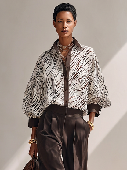 Women's Casual Zebra-Print Color-Block Long Lantern-Sleeve Shirt MDZ0645G2ZRK