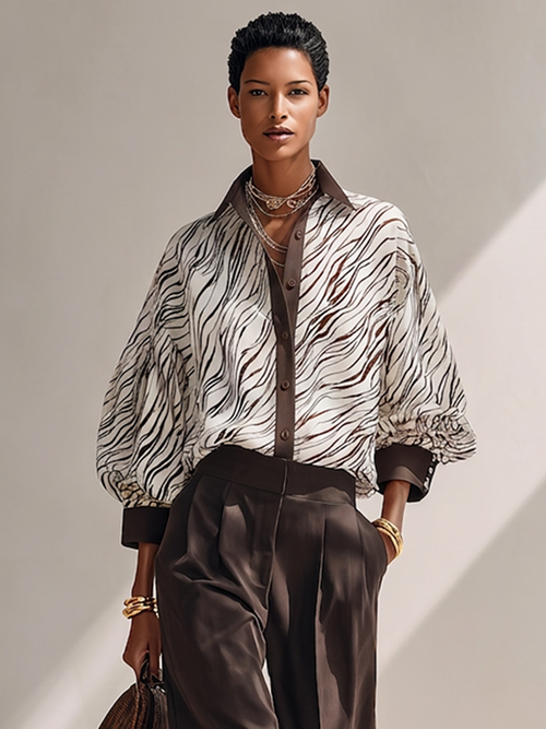 Women's Casual Zebra-Print Color-Block Long Lantern-Sleeve Shirt MDZ0645G2ZRK