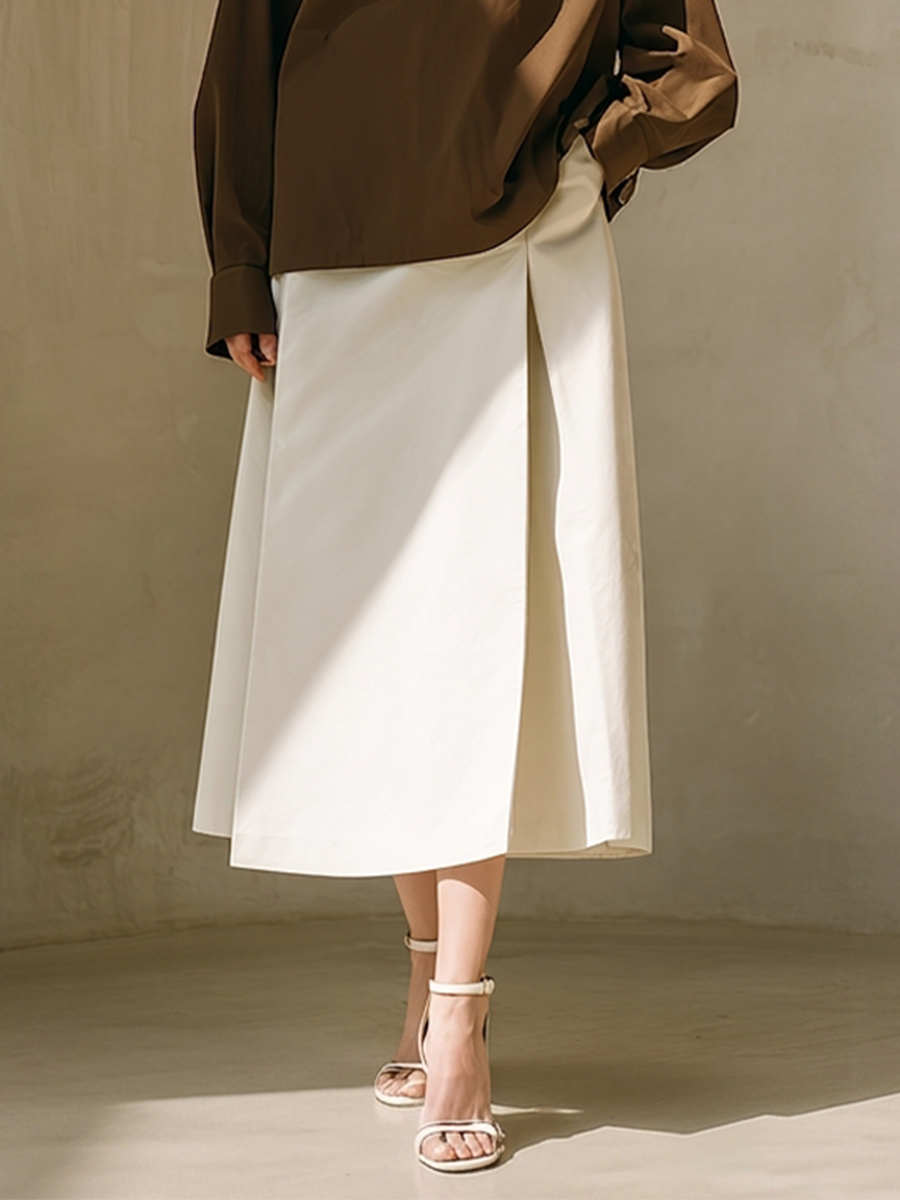 Women's Coffee & Ivory Cotton Two-Piece Set With Oversized Chest Pocket Shirt & High Waist A-Line Midi Skirt, Minimalist Neutral Smart Casual Matching Outfit MDZ0607G5LYL