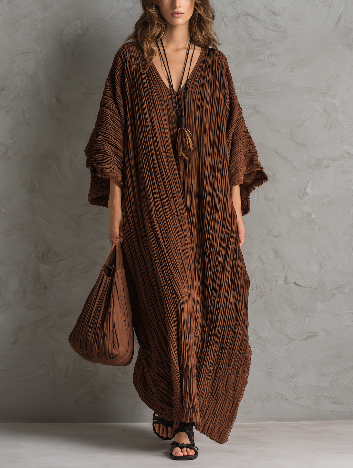 Women's Casual Brown Woven Pleated V-Neck Batwing-Sleeve Loose Maxi Dress MDZ0700G8LXY