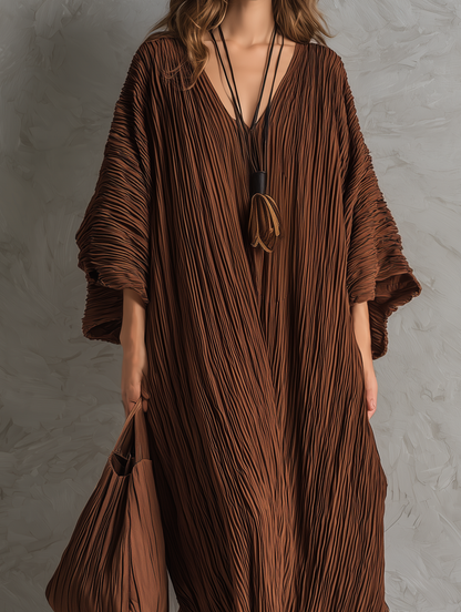 Women's Casual Brown Woven Pleated V-Neck Batwing-Sleeve Loose Maxi Dress MDZ0700G8LXY