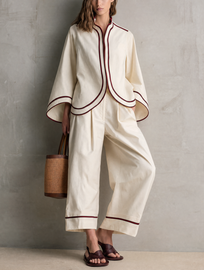 Women's Casual Beige Woven Long-sleeve Jacket And Trousers Set MDZ0748G9LXY