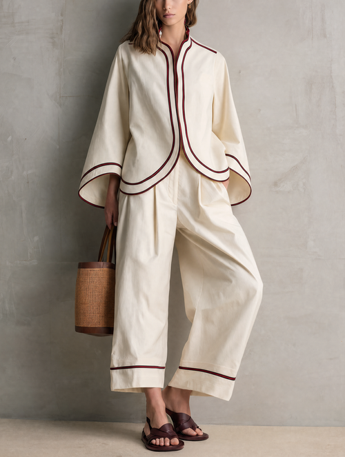 Women's Casual Beige Woven Long-sleeve Jacket And Trousers Set MDZ0748G9LXY
