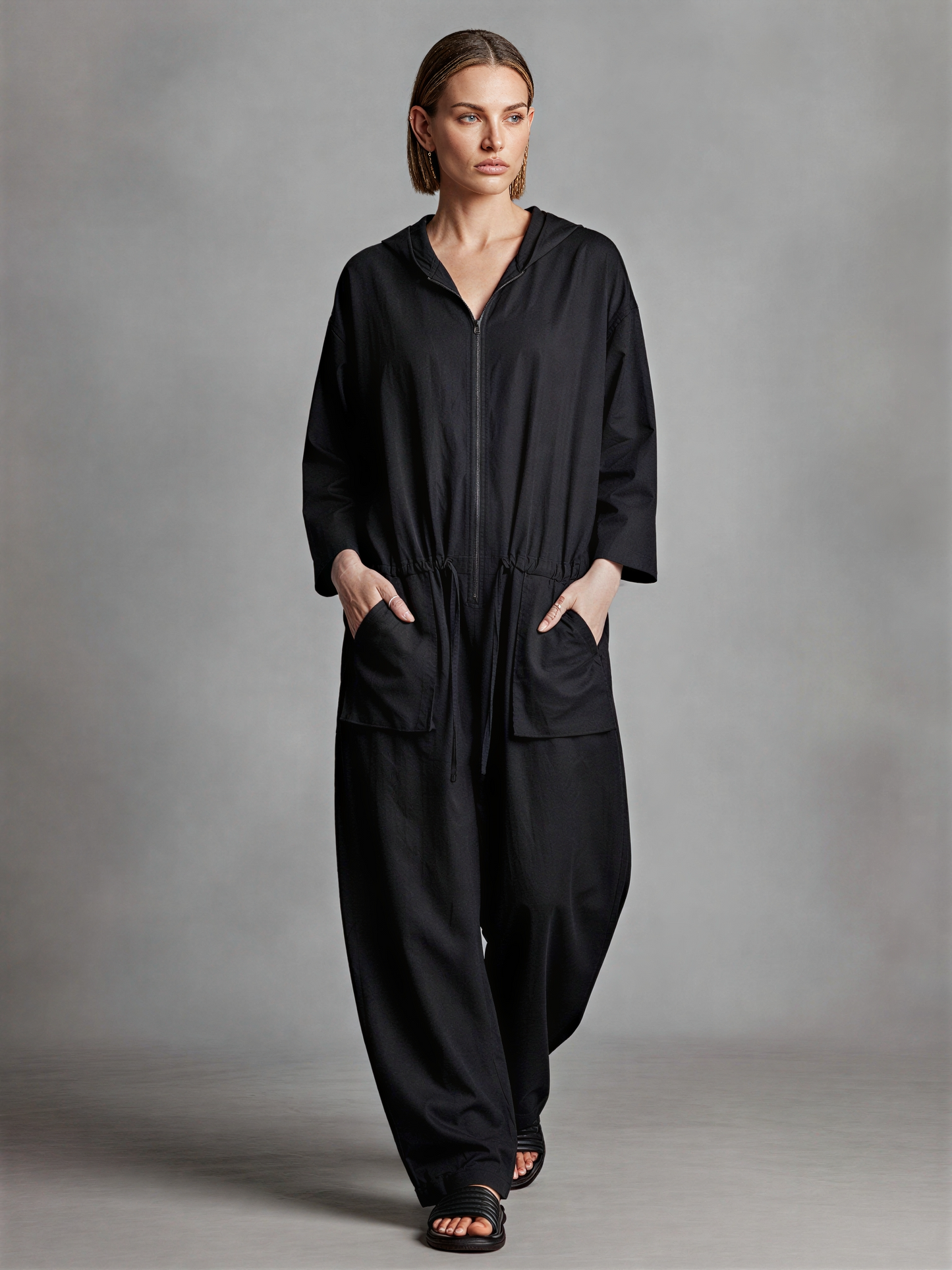 Women's Black Linen Blend Jumpsuit With Hood Full Zip Front & Drawstring Waist, Minimalist Loungewear Oversized Wide Leg Jumpsuit MDZ0710G3LYL