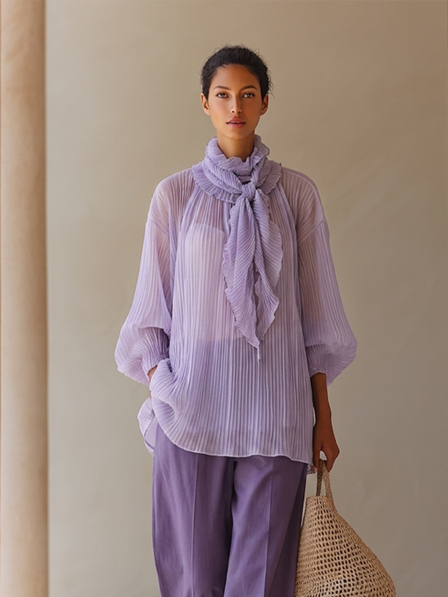 Women's Light Purple Crinkle Chiffon Two-Piece Set With Ruffled Tie Neck Balloon Sleeve Blouse & Solid High Waist Wide Leg Pants, Elegant Resort Matching Outfit MDZ0774G7LYL