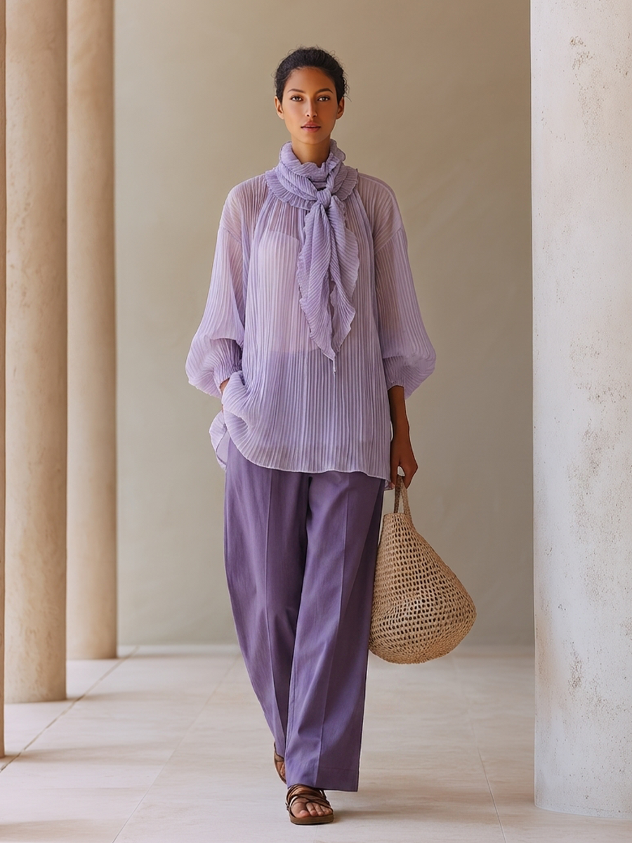 Women's Light Purple Crinkle Chiffon Two-Piece Set With Ruffled Tie Neck Balloon Sleeve Blouse & Solid High Waist Wide Leg Pants, Elegant Resort Matching Outfit MDZ0774G7LYL