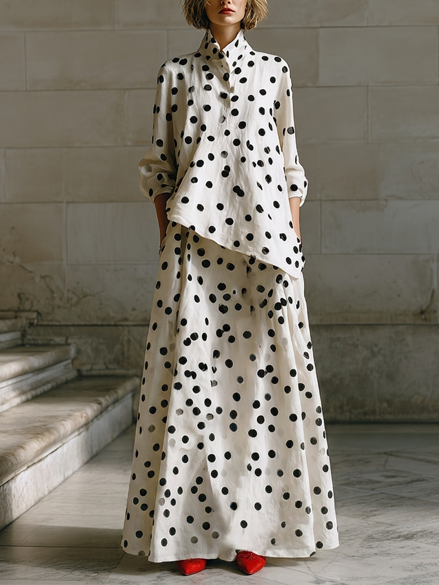 Women's Cream Spot Print Woven Co-Ord With Drop Shoulder Long Sleeve Blouse & Side Pocket Floor-Length Maxi Skirt, Minimalist Daily Casual Two-Piece Set MDZ0748G9LYL
