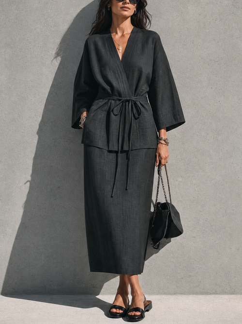 Women's Minimalist Relaxed Style Black Linen Cotton V-Neck 3/4 Sleeve Tie Wrap Top Midi Skirt Set MDZ0733G7GMJ