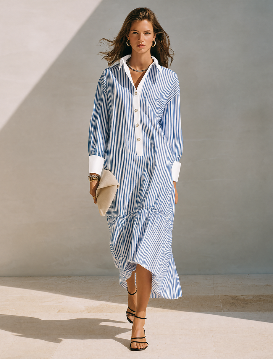 Women's Blue & White Vertical Stripe Cotton-Linen Shirt Dress With Contrast Cuffs MDZ0822G8ZRK