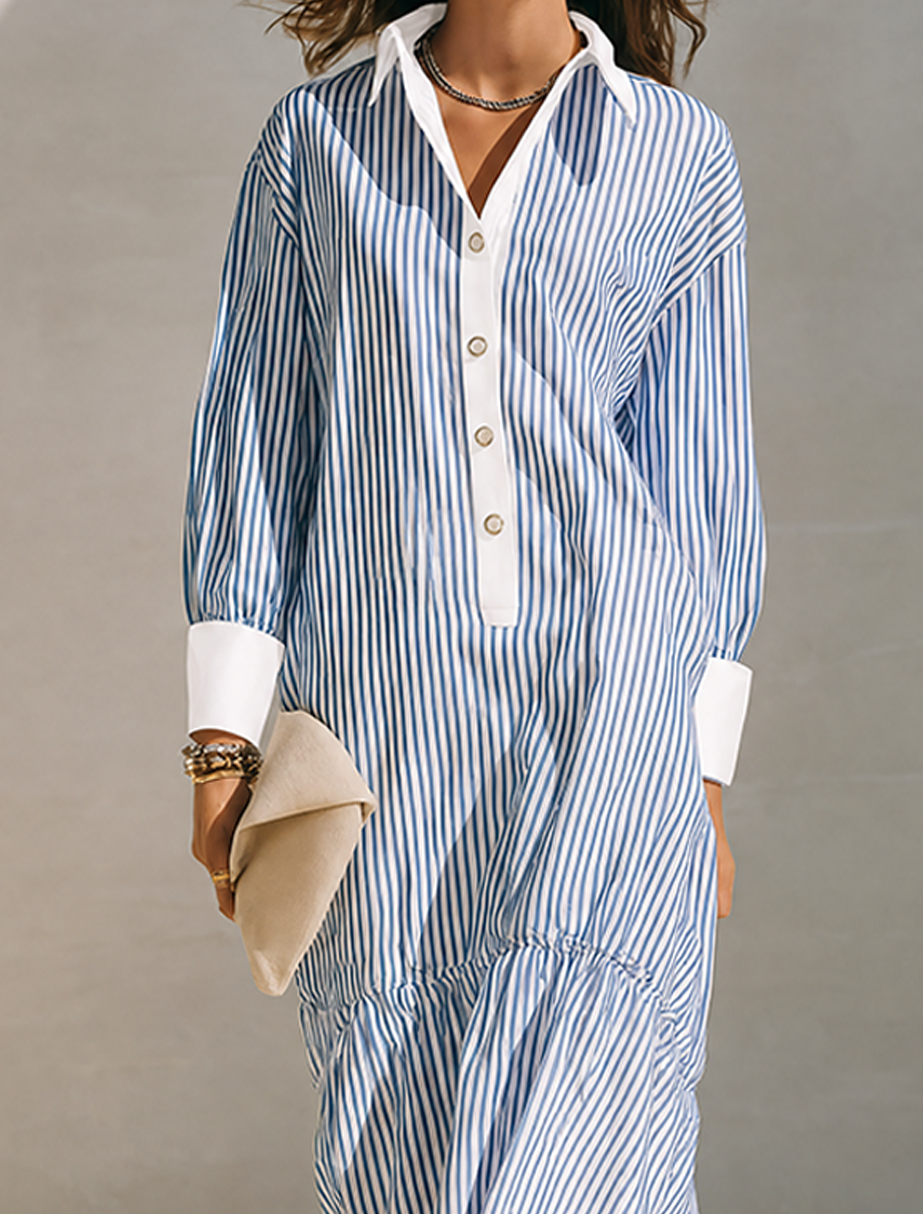 Women's Blue & White Vertical Stripe Cotton-Linen Shirt Dress With Contrast Cuffs MDZ0822G8ZRK