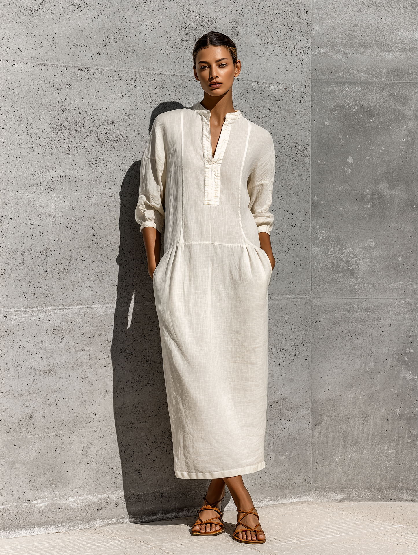 Women's Off White Cotton-linen Blend Stand Collar Split Neck Three Quarter Sleeve Pocket Midi Dress MDZ0815G3YZJ