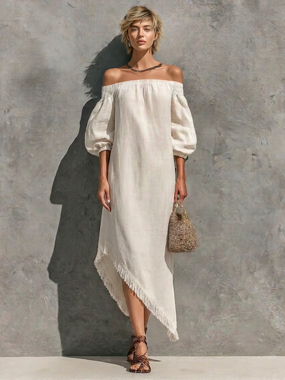 Women’s Off White Cotton-linen Blend Off The Shoulder Elastic Neck Puff Cuffed Sleeve Asymmetrical Fringe Hem Maxi Dress MDZ0777G7YZJ