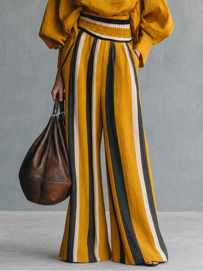 Women's Minimalist Linen-Blend Mock-Neck Lantern-Sleeve Blouse And Striped Print Trouser Set MDZ0824G8WY