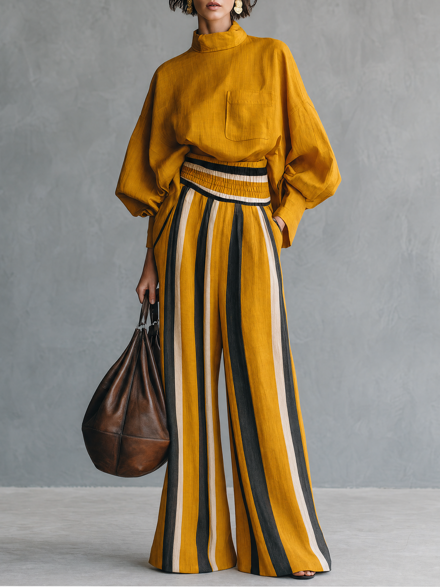 Women's Minimalist Linen-Blend Mock-Neck Lantern-Sleeve Blouse And Striped Print Trouser Set MDZ0824G8WY