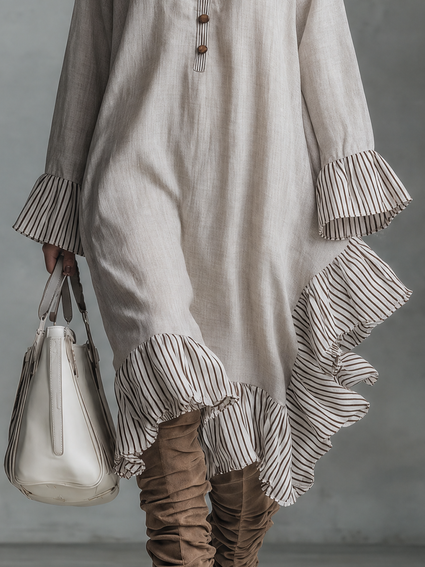 Women's Minimalist Striped Color-Block Midi Dress With Long Sleeves, Stand Collar, And Asymmetrical Hem MDZ0805G9WY