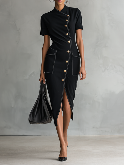 Women's Minimalist Asymmetric Single-Breasted Short-Sleeve Midi Dress MDZ0886G0WY