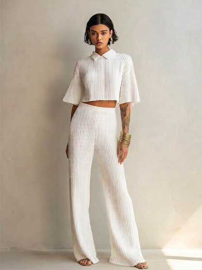 Women's Elegant White Pleated Ribbed Knit Collared Short Flared Sleeve Cropped Top And High-Waist Wide-Leg Pants Two-Piece SetMDZ0999G0ZSQ