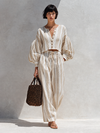 Women's Bohemian Beige Striped Cotton Linen Blend V-Neck Balloon Sleeve Cropped Top And Wide-Leg Pants Two-Piece SetMDZ0966G9ZSQ