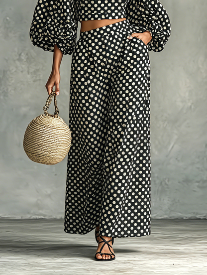 Women's Minimalist Polka-Dot Lantern-Sleeve Blouse And Wide-Leg Pants Set MDZ0967G6WY