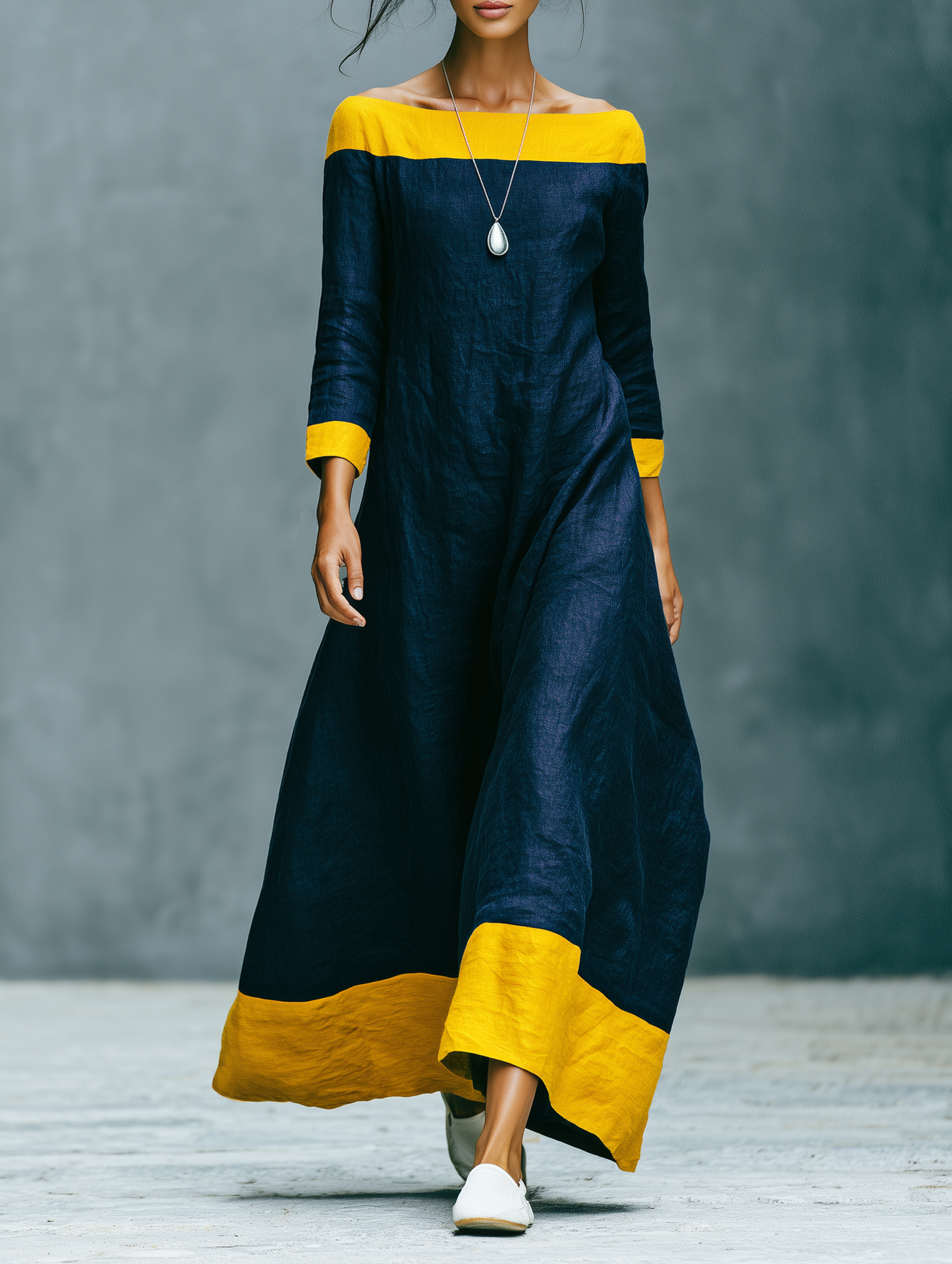 Women's Minimalist Color-Block Linen-Blend Maxi Dress With Crew Neck And Three-Quarter Sleeves MDZ0992G2WY