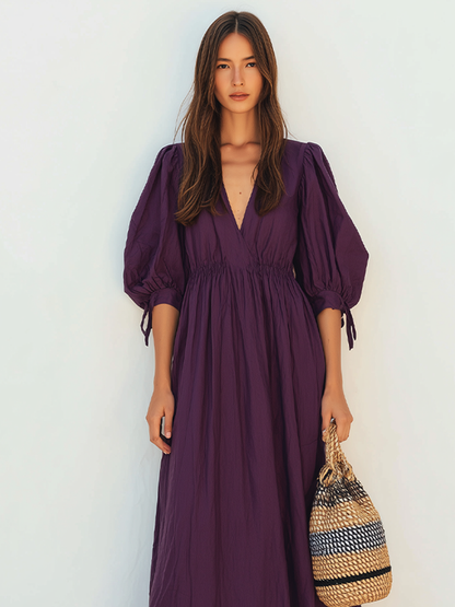 Women's Dark Purple Crinkled Woven Maxi Dress With V Neck Tie Cuff Puff Sleeves & Smocked Elastic Waist, Boho Casual Resort Flowy Maxi Dress MDZ0956G8LYL