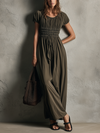 Women's Casual Dark Green Woven Short-sleeve Crew-neck Jumpsuit MDZ0978G8LXY