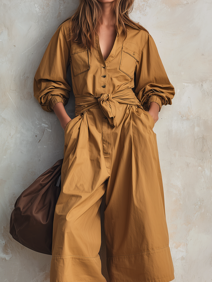 Women's Casual Khaki Woven Long-sleeve Cropped Jumpsuit MDZ0967G1LXY