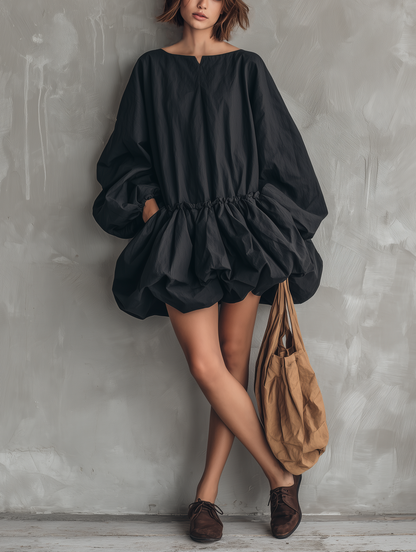 Women's Casual Black Long-sleeve Mini Dress With A Round Neck And Tulip Skirt MDZ0922G5LXY