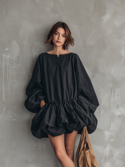 Women's Casual Black Long-sleeve Mini Dress With A Round Neck And Tulip Skirt MDZ0922G5LXY
