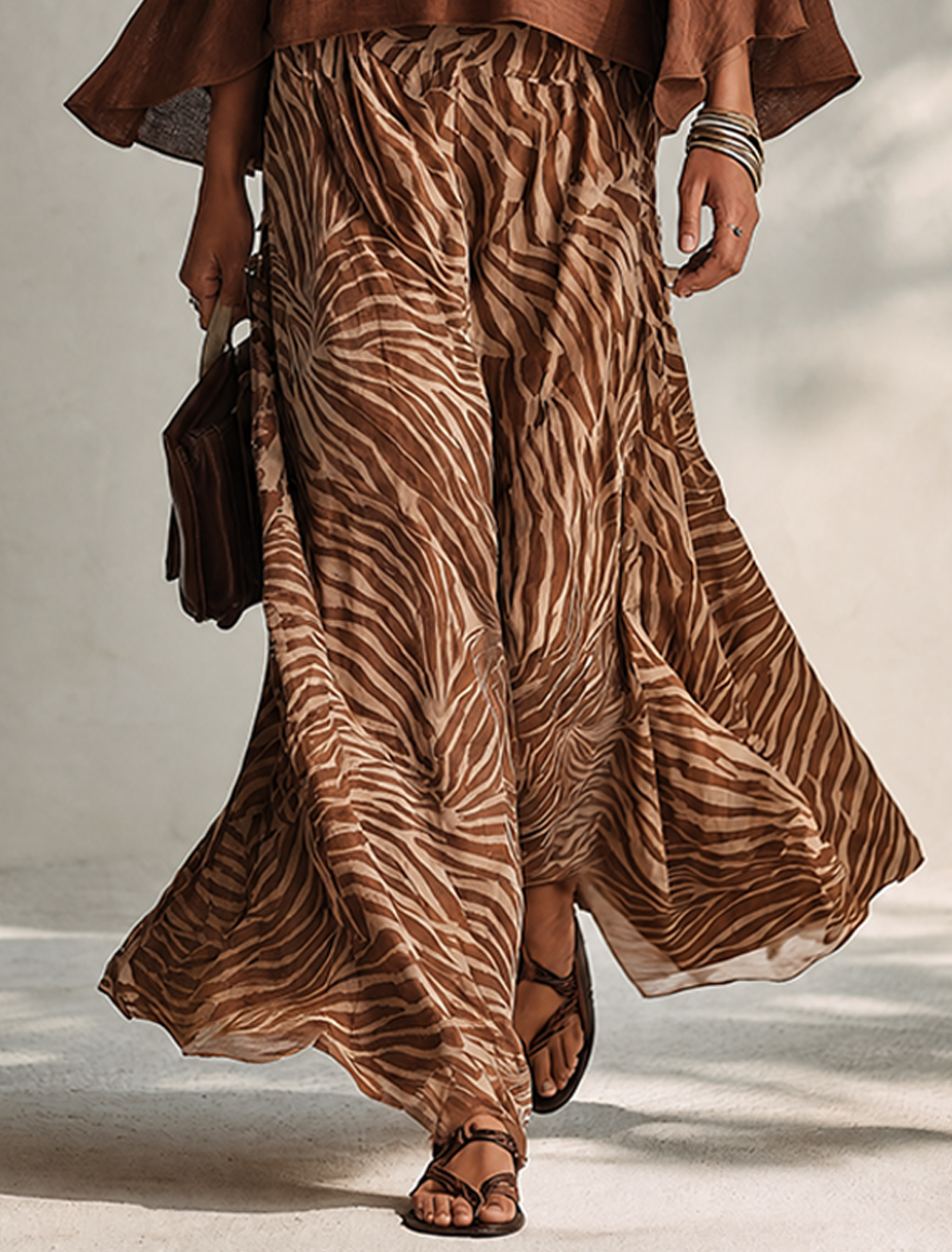 Women's Stylish Brown Zebra-Print Flowy Maxi Skirt MDZ0987G3ZRK