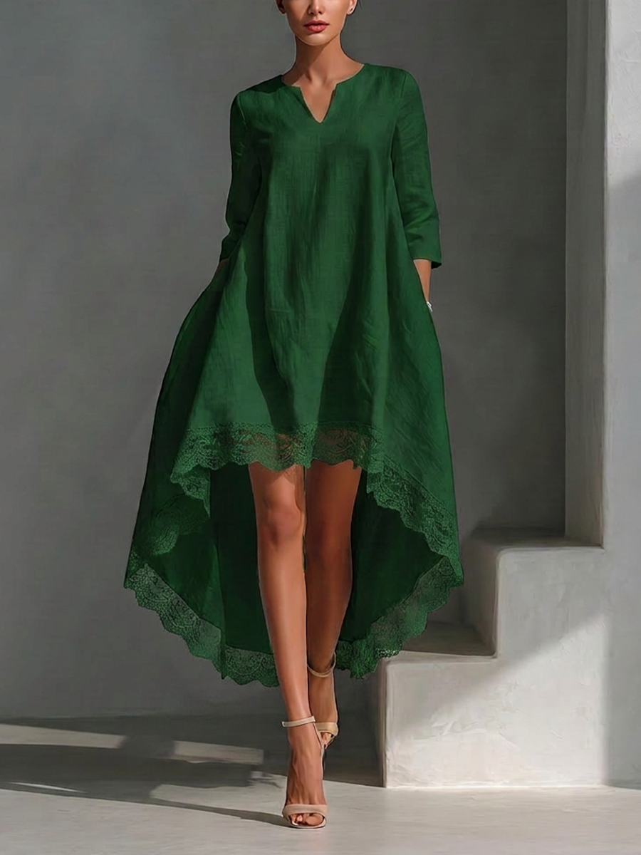 Women's Forest Green Cotton-linen Blend Lace Trim High Low Hem V Neck Three Quarter Sleeve Loose Dress MDZ0784G0YZJ