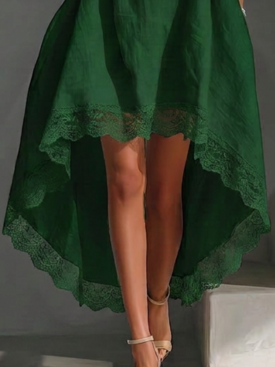 Women's Forest Green Cotton-linen Blend Lace Trim High Low Hem V Neck Three Quarter Sleeve Loose Dress MDZ0784G0YZJ