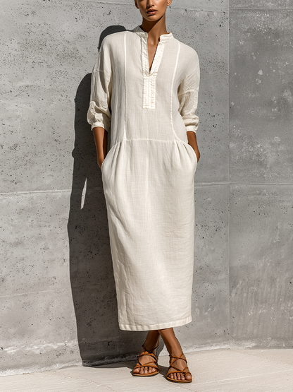 Women's Off White Cotton-linen Blend Stand Collar Split Neck Three Quarter Sleeve Pocket Midi Dress MDZ0815G3YZJ