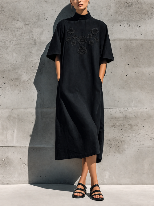 Women's Black Linen High Neck Floral Lace Embroidery Short Sleeve Pocket Loose Midi Dress MDZ0905G9YZJ