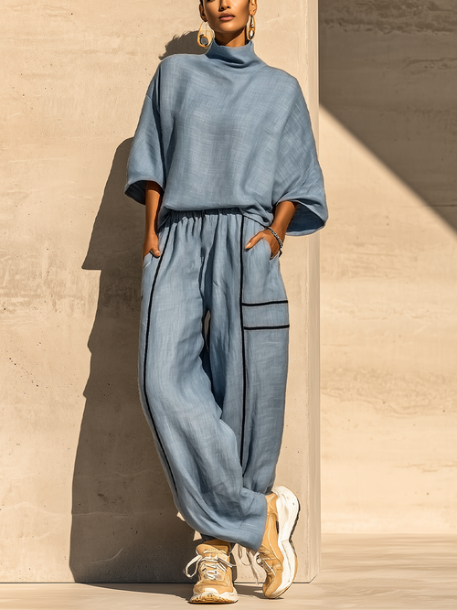 Women's Dusty Blue Linen Turtleneck Three Quarter Sleeve Top Contrast Stripe Drawstring Wide Leg Pants Two Piece Set MDZ0964G5YZJ