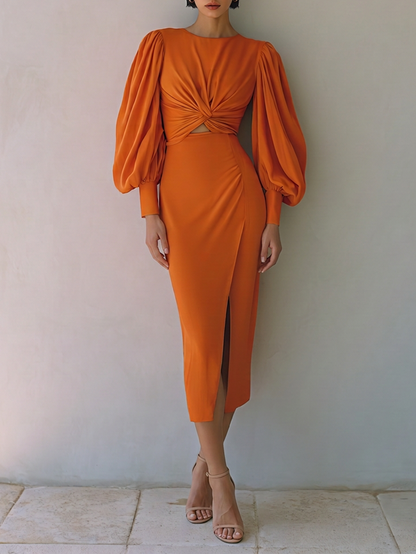 Women's Elegant Burnt Orange Twist Front Cutout Waist Balloon Sleeve Midi DressMDZ1099G2ZSQ