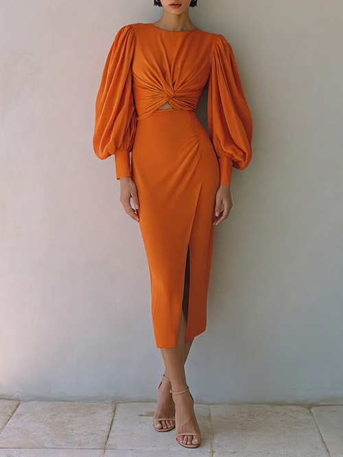 Women's Elegant Burnt Orange Twist Front Cutout Waist Balloon Sleeve Midi DressMDZ1099G2ZSQ