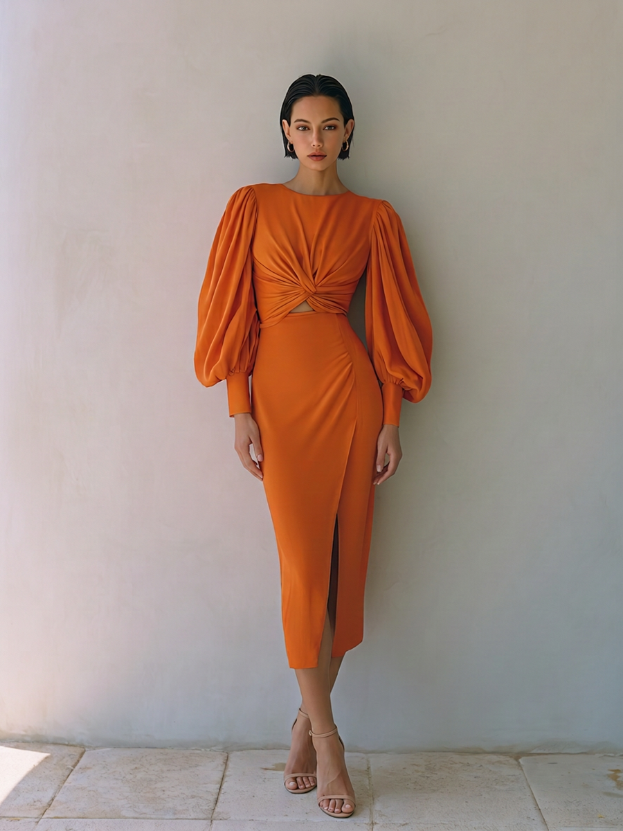 Women's Elegant Burnt Orange Twist Front Cutout Waist Balloon Sleeve Midi DressMDZ1099G2ZSQ
