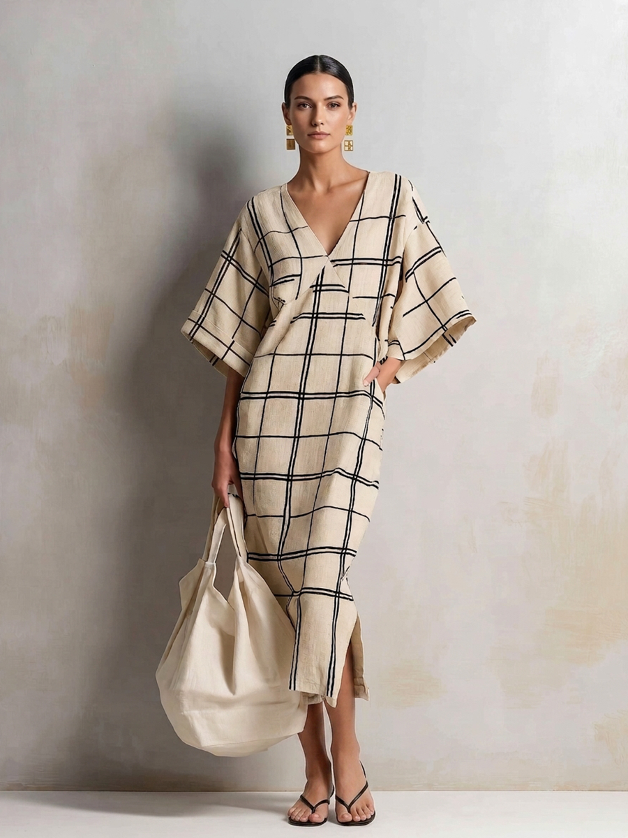 Women's Minimalist Beige Cotton Linen Blend Windowpane Check V-Neck Kaftan Midi DressMDZ1087G8ZSQ
