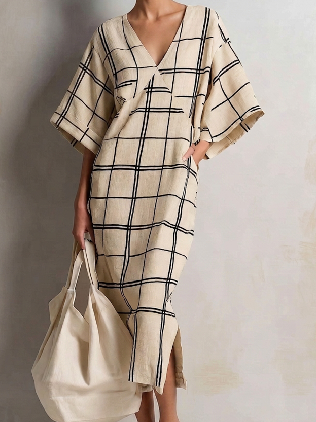 Women's Minimalist Beige Cotton Linen Blend Windowpane Check V-Neck Kaftan Midi DressMDZ1087G8ZSQ