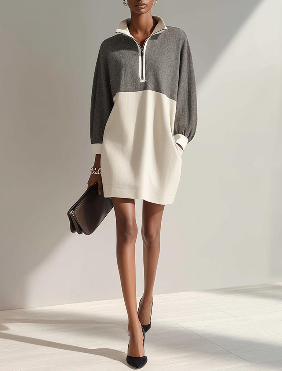 Women's Minimalist Color-Block Knit Mini Dress With Half-Zip Stand Collar MDZ1097G5ZRK