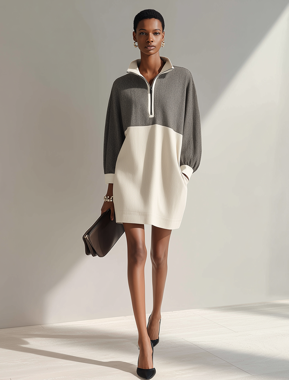 Women's Minimalist Color-Block Knit Mini Dress With Half-Zip Stand Collar MDZ1097G5ZRK